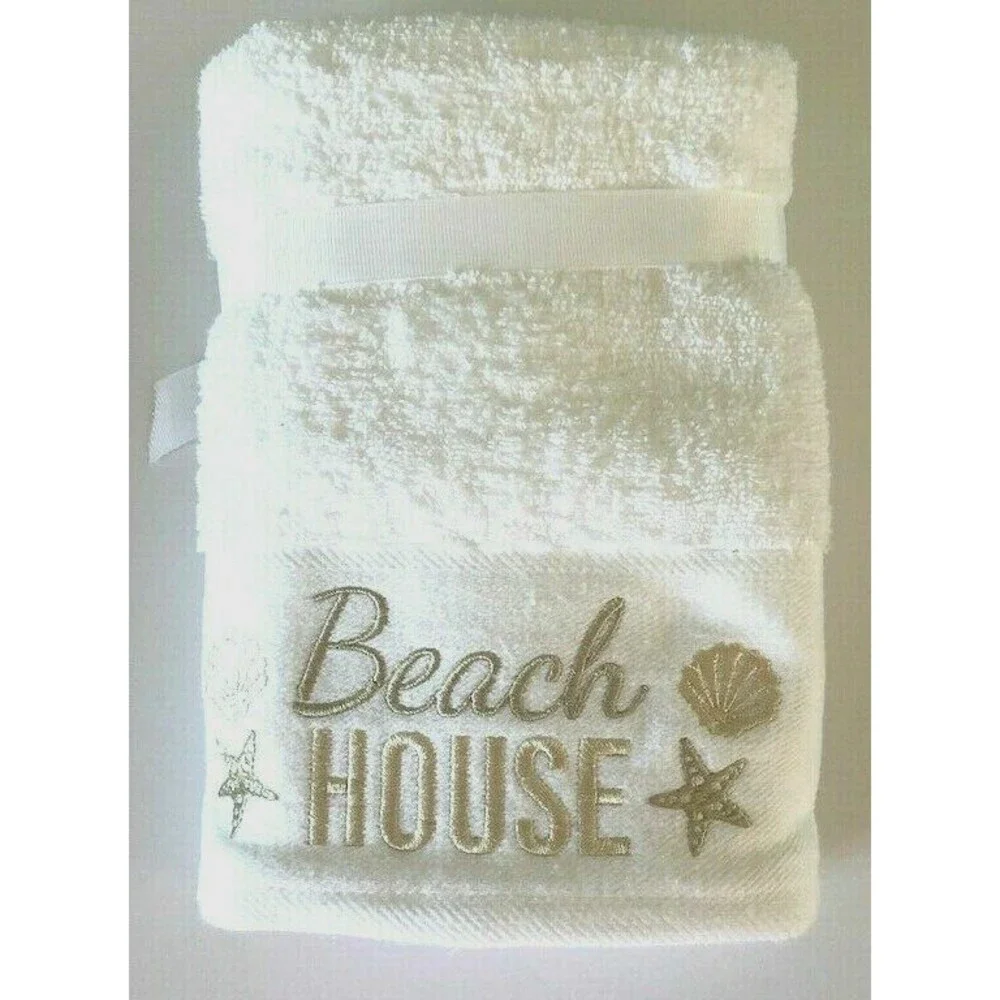 Shells Starfish Hand Towels Gold Embroidered Bathroom Beach House Set of 2 Soft